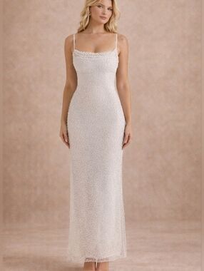 NWOT House Of Cb Calla Silver White Pearl Cream Bridal Bride Medium M Maxi Gown